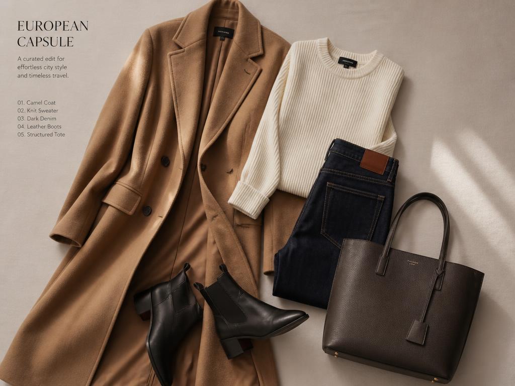 A curated capsule wardrobe for European travel arranged on a neutral background