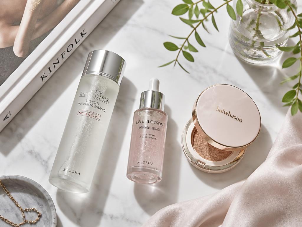 Korean skincare products arranged in an editorial flatlay