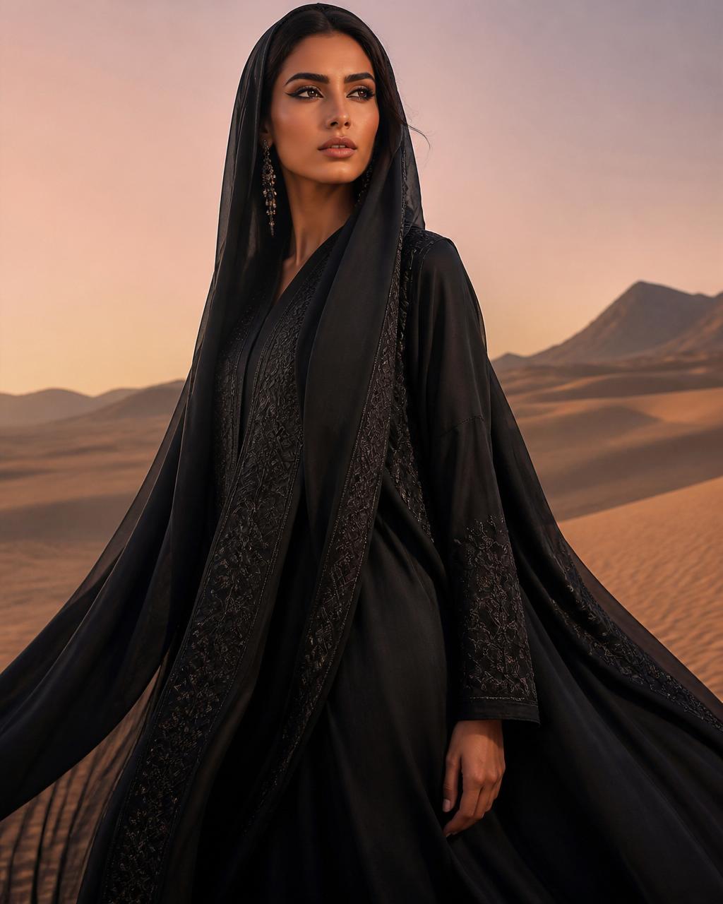 Editorial portrait of a woman in an embroidered black abaya at desert dusk