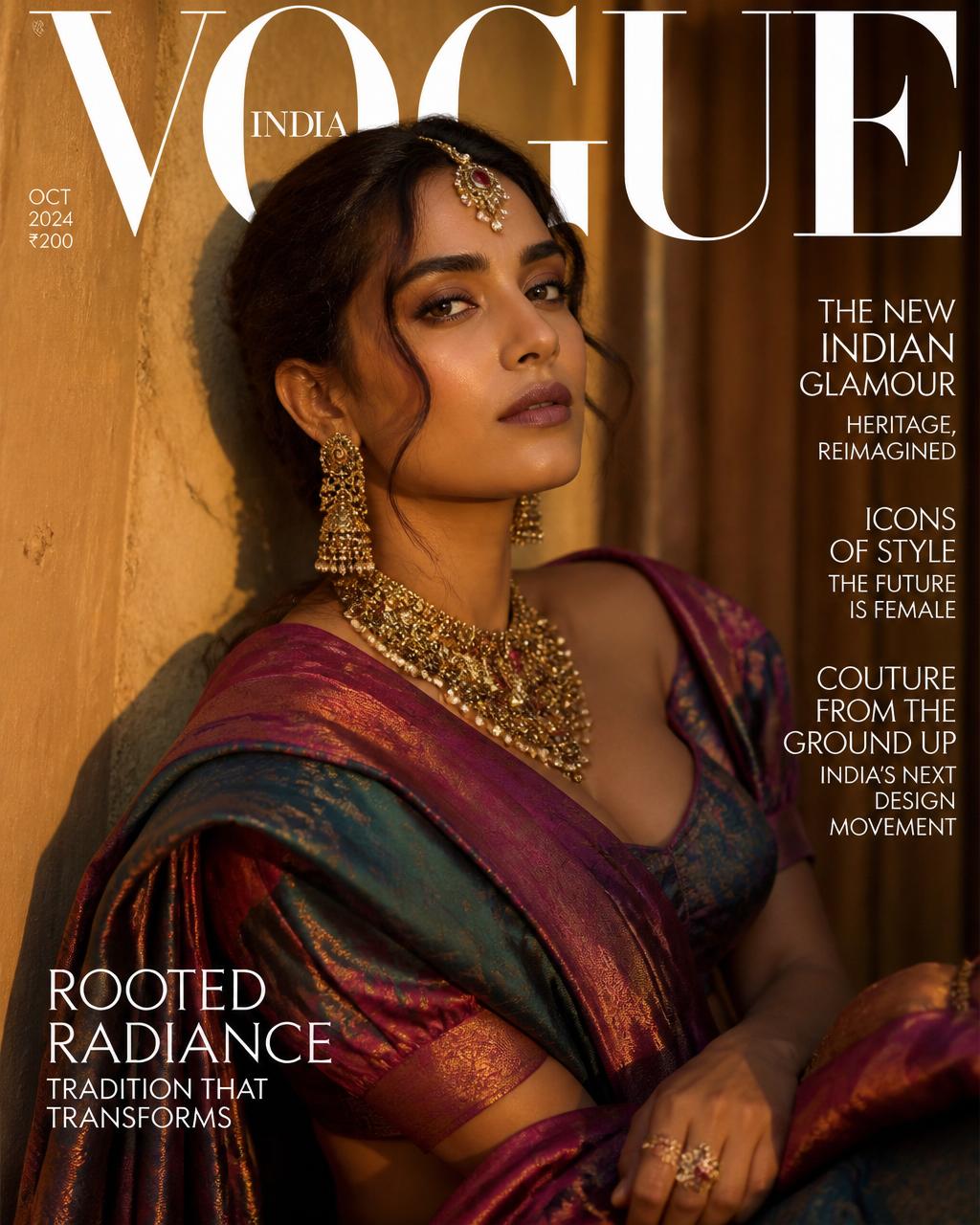 Editorial portrait of a woman in a modern sari with gold jewelry