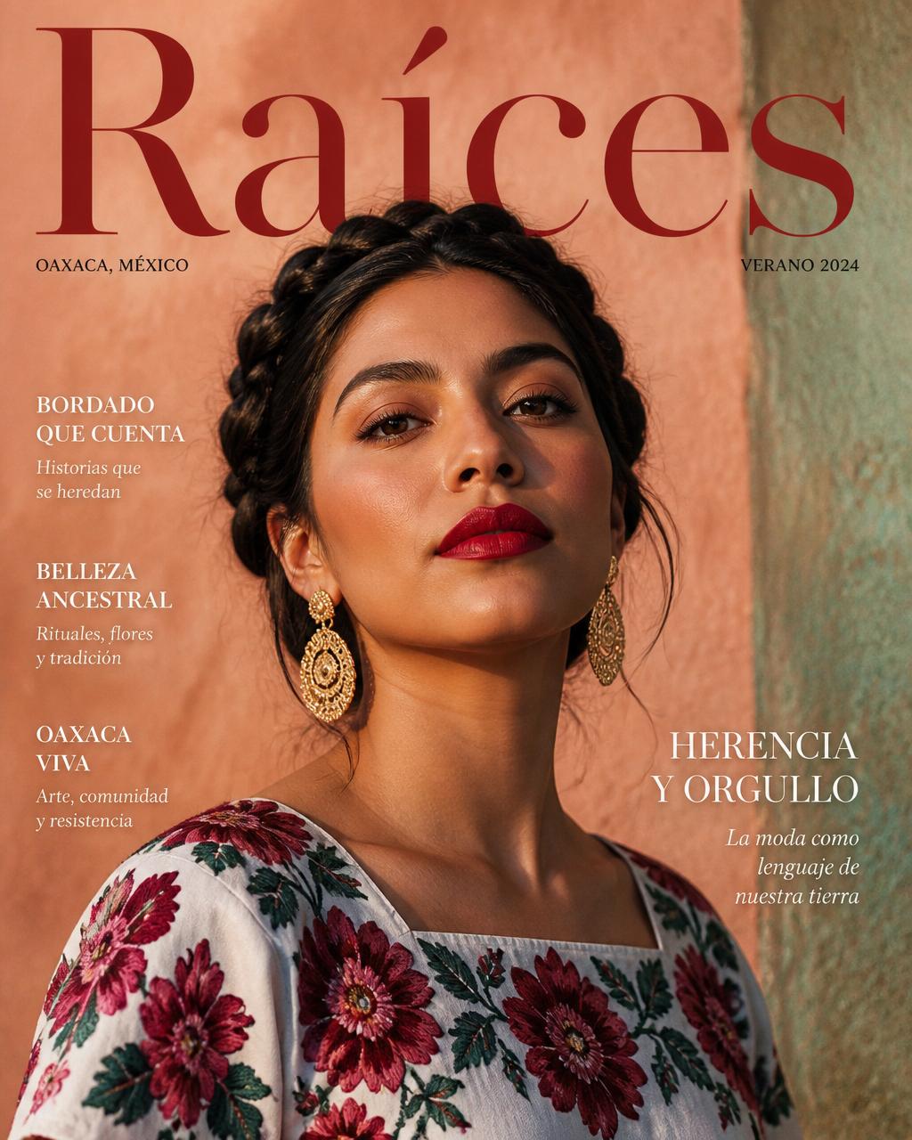 Portrait of a Mexican woman with braided hair and embroidered blouse in Oaxaca light