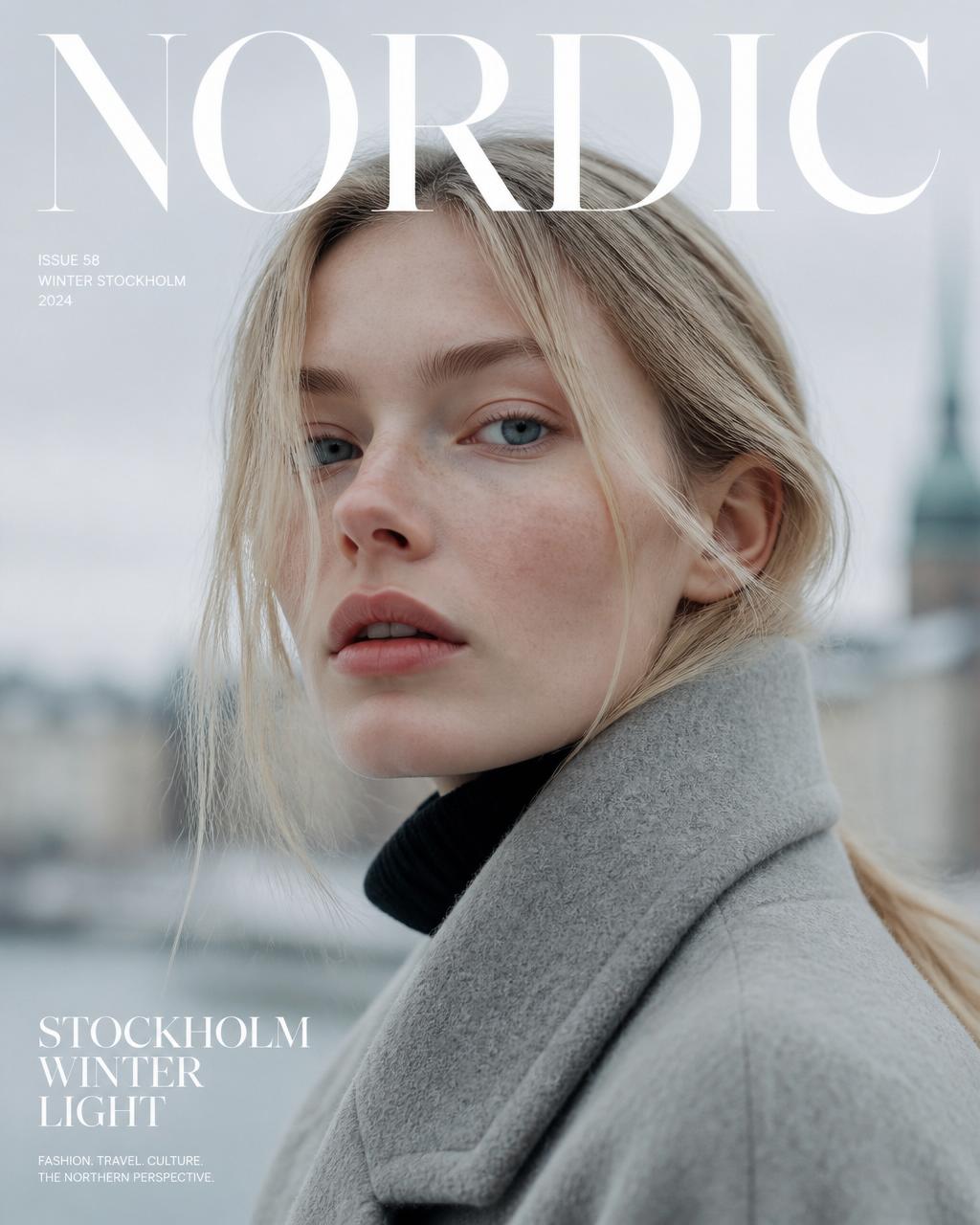 Portrait of a Scandinavian woman in a grey wool coat in Stockholm winter light