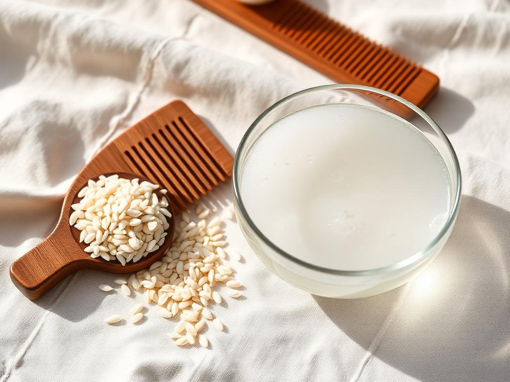 A bowl of cloudy rice water beside rice grains and a wooden comb