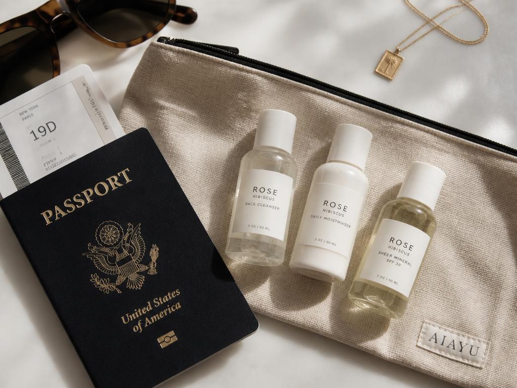 Travel skincare essentials arranged with a passport and boarding pass